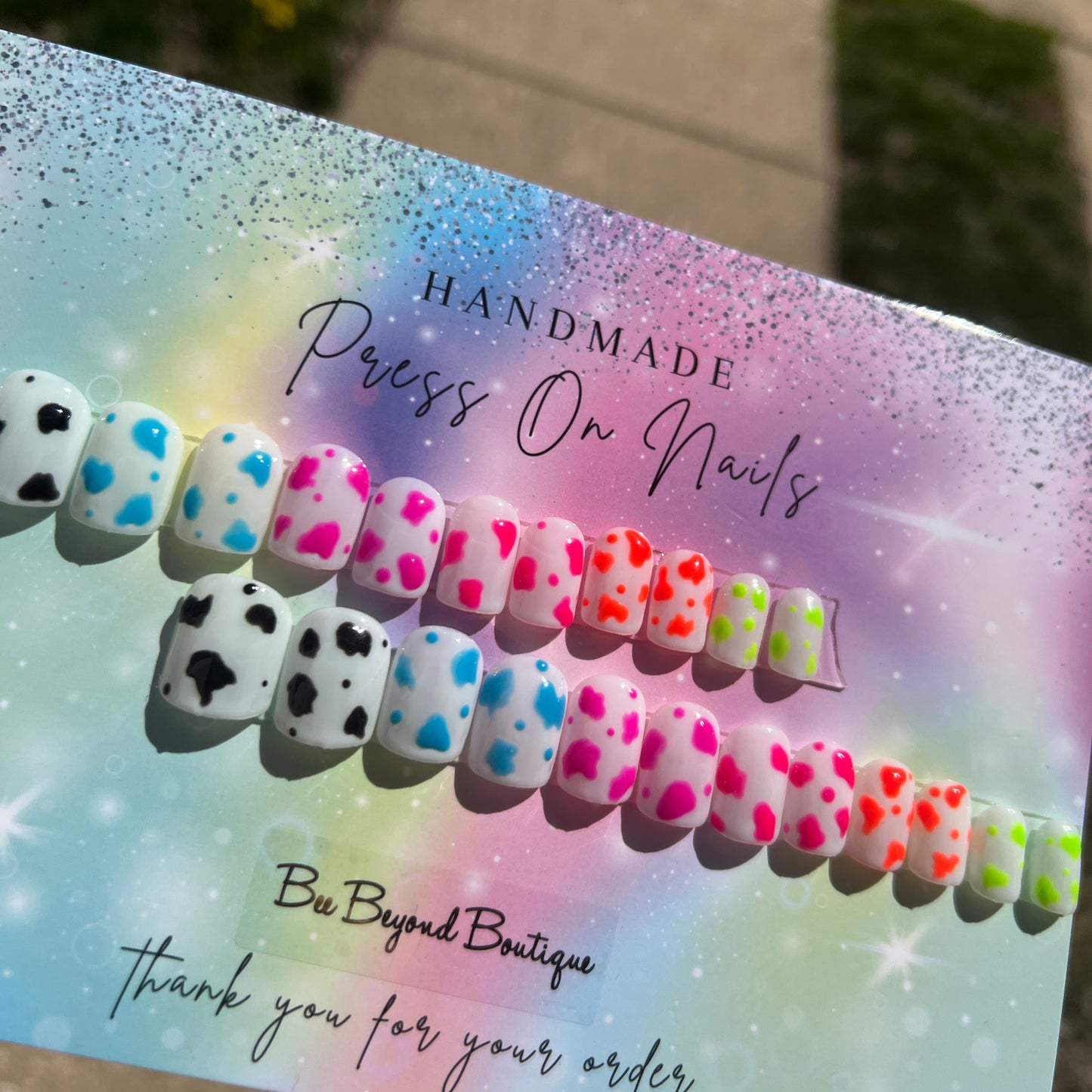 Rainbow Cow Kids Nails