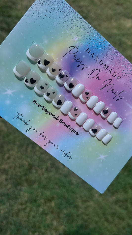 Black\White Heart Kids Press On Nails